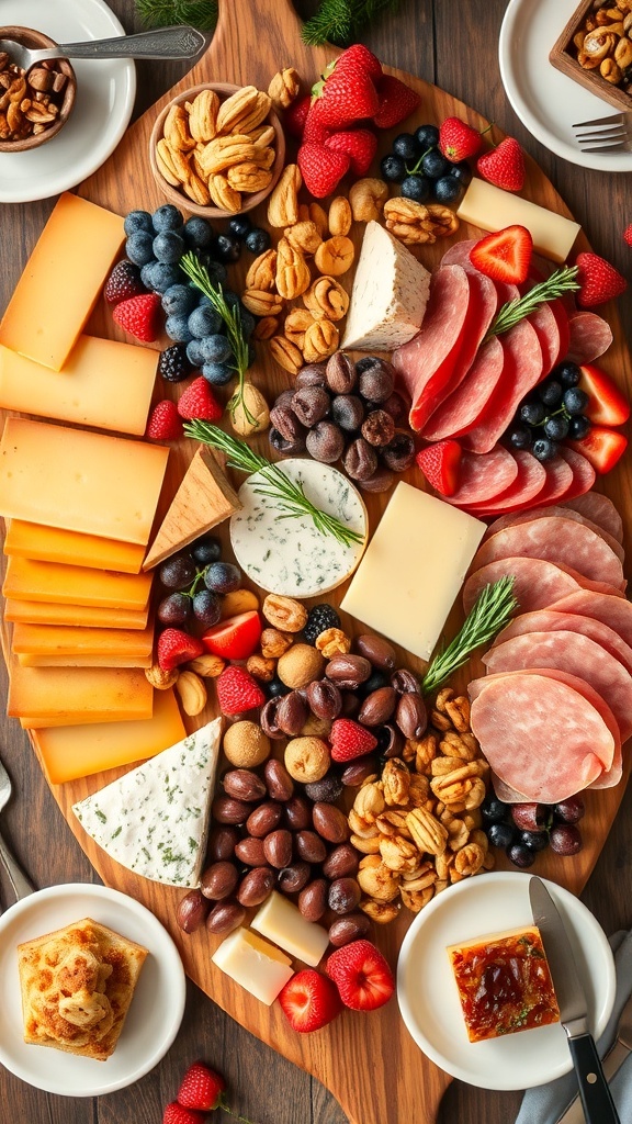A festive Christmas food board with cheeses, meats, fruits, and sweets, garnished with herbs.